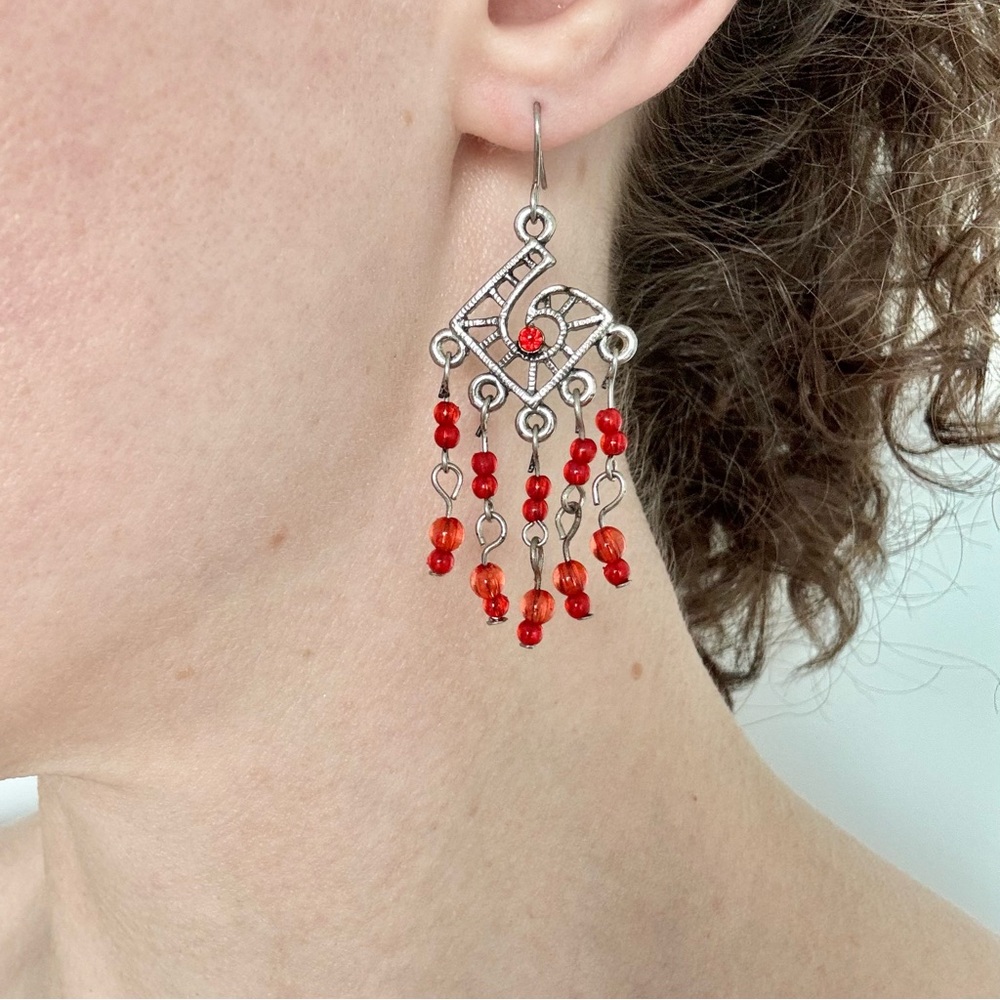 Silver Red Beaded Dangly Earring Aztec Southwestern Festival Twilight Hippie Y2K